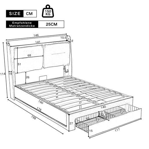 Sofá-cama estofado em veludo - 140x190 cm - 2 gavetas ao pé da cama - Fita LED embutida ao pé da cama - Cinzento (sem colchão)