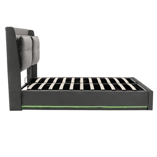 Sofá-cama estofado em veludo - 140x190 cm - 2 gavetas ao pé da cama - Fita LED embutida ao pé da cama - Cinzento (sem colchão)