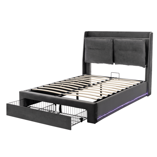 Sofá-cama estofado em veludo - 140x190 cm - 2 gavetas ao pé da cama - Fita LED embutida ao pé da cama - Cinzento (sem colchão)