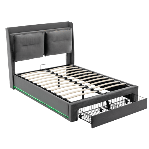 Sofá-cama estofado em veludo - 140x190 cm - 2 gavetas ao pé da cama - Fita LED embutida ao pé da cama - Cinzento (sem colchão)