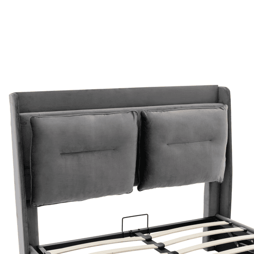 Sofá-cama estofado em veludo - 140x190 cm - 2 gavetas ao pé da cama - Fita LED embutida ao pé da cama - Cinzento (sem colchão)