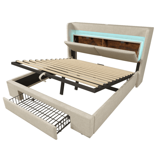 Cama estofada 140x200 - Armazenamento hidráulico, cabeceira com LED e USB - Bege