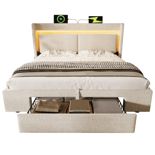 Cama estofada 140x200 - Armazenamento hidráulico, cabeceira com LED e USB - Bege