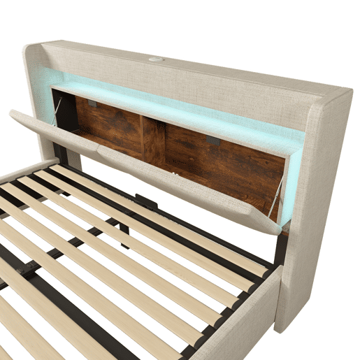 Cama estofada 140x200 - Armazenamento hidráulico, cabeceira com LED e USB - Bege