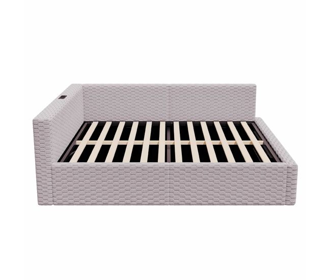 Cama tapizada 140x200 cm - iluminación led, puertos usb, cabecero en l acolchado, tejido de terciopelo, estructura hidráulica - gris