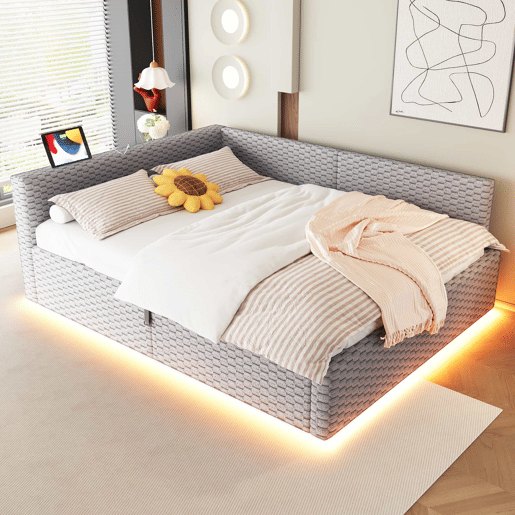 Cama estofada 140 x 200 cm - iluminação LED, portas USB, cabeceira em L acolchoada, tecido de veludo, estrutura hidráulica - Cinza