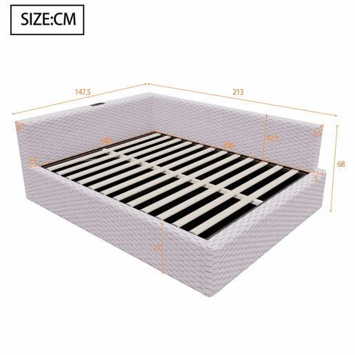 Cama estofada 140 x 200 cm - iluminação LED, portas USB, cabeceira em L acolchoada, tecido de veludo, estrutura hidráulica - Cinza