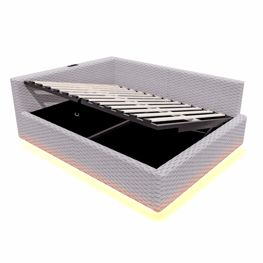 Cama estofada 140 x 200 cm - iluminação LED, portas USB, cabeceira em L acolchoada, tecido de veludo, estrutura hidráulica - Cinza