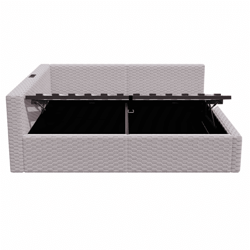 Cama estofada 140 x 200 cm - iluminação LED, portas USB, cabeceira em L acolchoada, tecido de veludo, estrutura hidráulica - Cinza