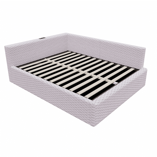 Cama estofada 140 x 200 cm - iluminação LED, portas USB, cabeceira em L acolchoada, tecido de veludo, estrutura hidráulica - Cinza