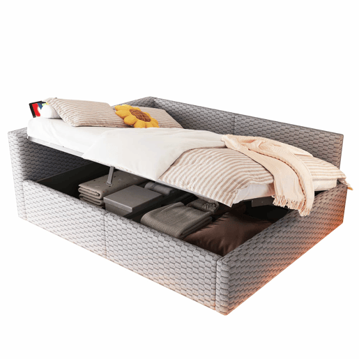 Cama estofada 140 x 200 cm - iluminação LED, portas USB, cabeceira em L acolchoada, tecido de veludo, estrutura hidráulica - Cinza