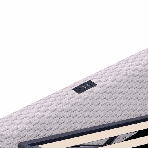 Cama estofada 140 x 200 cm - iluminação LED, portas USB, cabeceira em L acolchoada, tecido de veludo, estrutura hidráulica - Cinza