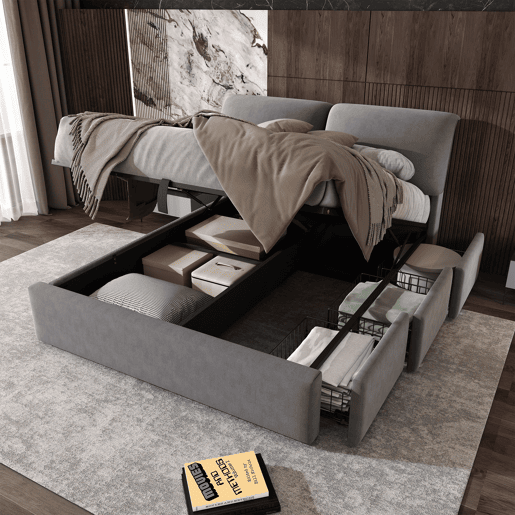 Cama estofada 140x190 - base hidráulica, 3 gavetas, arrumação, sem colchão - cinzento Cama estofada 140x190 - base hidráulica, 3 gavetas, arrumação, sem colchão - cinzento