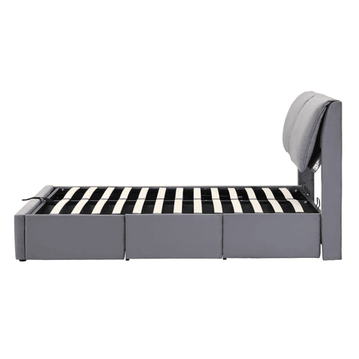 Cama estofada 140x190 - base hidráulica, 3 gavetas, arrumação, sem colchão - cinzento Cama estofada 140x190 - base hidráulica, 3 gavetas, arrumação, sem colchão - cinzento