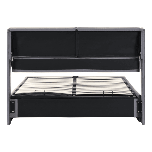 Cama estofada 140x190 - base hidráulica, 3 gavetas, arrumação, sem colchão - cinzento Cama estofada 140x190 - base hidráulica, 3 gavetas, arrumação, sem colchão - cinzento