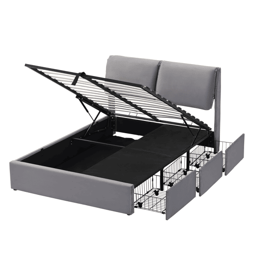 Cama estofada 140x190 - base hidráulica, 3 gavetas, arrumação, sem colchão - cinzento Cama estofada 140x190 - base hidráulica, 3 gavetas, arrumação, sem colchão - cinzento