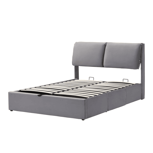 Cama estofada 140x190 - base hidráulica, 3 gavetas, arrumação, sem colchão - cinzento Cama estofada 140x190 - base hidráulica, 3 gavetas, arrumação, sem colchão - cinzento