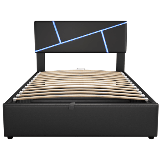 Cama de casal 90x200 cm - Polipiel, cabeceira, LED, armazenamento hidráulico - Preto