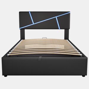 Cama de casal 90x200 cm - Polipiel, cabeceira, LED, armazenamento hidráulico - Preto