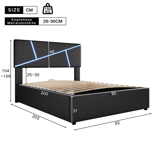 Cama de casal 90x200 cm - Polipiel, cabeceira, LED, armazenamento hidráulico - Preto