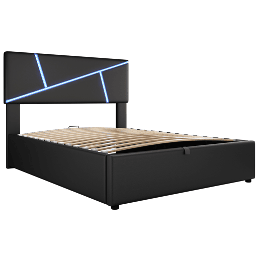 Cama de casal 90x200 cm - Polipiel, cabeceira, LED, armazenamento hidráulico - Preto