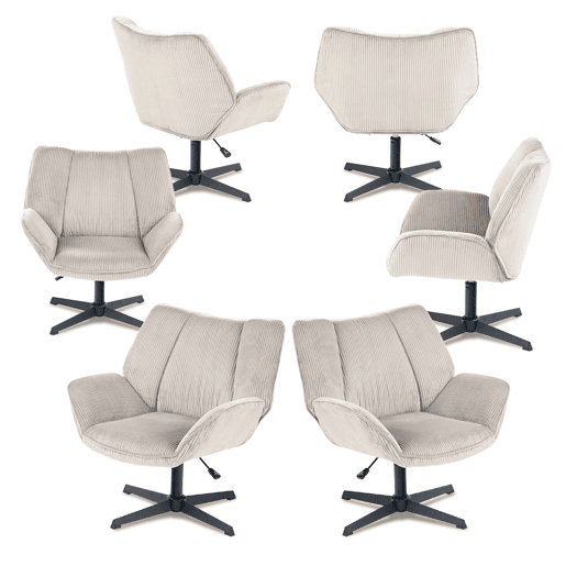 Conjunto 6 Poltronas De Escritório Ou Sala Giratória Estofada Em Tecido De Veludo Canelado Taupe Com Base Metálica Preta Altura Ajustável Estilo Escandinavo Ideal Para Ambientes Modernos
