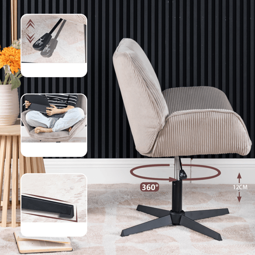Conjunto 6 Poltronas De Escritório Ou Sala Giratória Estofada Em Tecido De Veludo Canelado Taupe Com Base Metálica Preta Altura Ajustável Estilo Escandinavo Ideal Para Ambientes Modernos