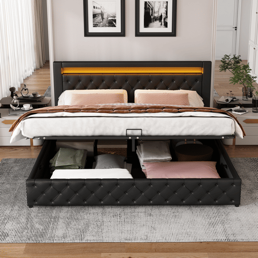 Cama de contentor estofada em pele sintética com LED - 160x200 cm - com estrado de molas - Preto