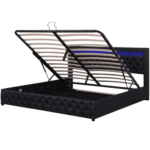Cama de contentor estofada em pele sintética com LED - 160x200 cm - com estrado de molas - Preto