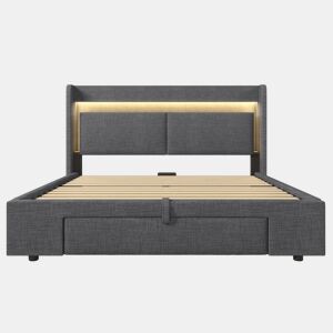 Cama estofada 160x200 - com armazenamento hidráulico, cabeceira com LED e USB - Cinza