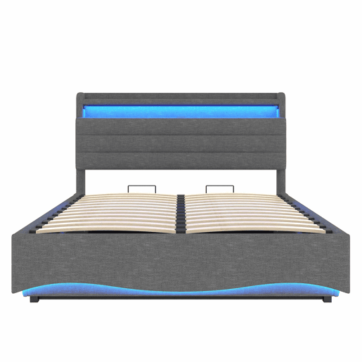 Cama estofada 140x200 cm - LED, hidráulica, USB e Tipo-C, arrumação, linho - Cinza