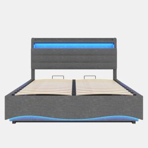 Cama estofada 140x200 cm - LED, hidráulica, USB e Tipo-C, arrumação, linho - Cinza