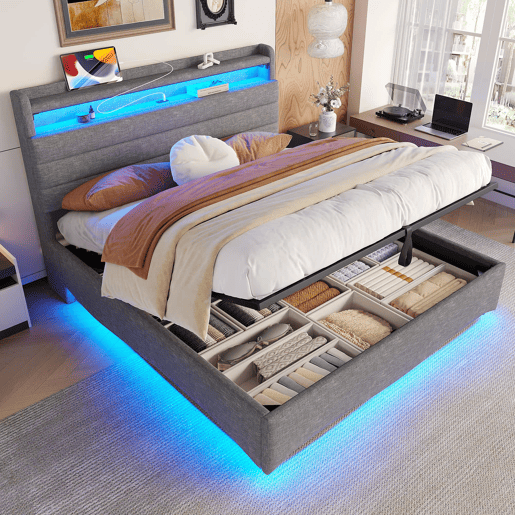 Cama estofada 140x200 cm - LED, hidráulica, USB e Tipo-C, arrumação, linho - Cinza