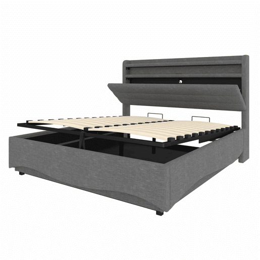 Cama estofada 140x200 cm - LED, hidráulica, USB e Tipo-C, arrumação, linho - Cinza
