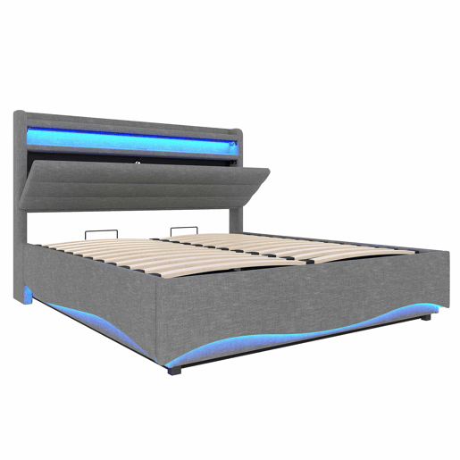 Cama estofada 140x200 cm - LED, hidráulica, USB e Tipo-C, arrumação, linho - Cinza