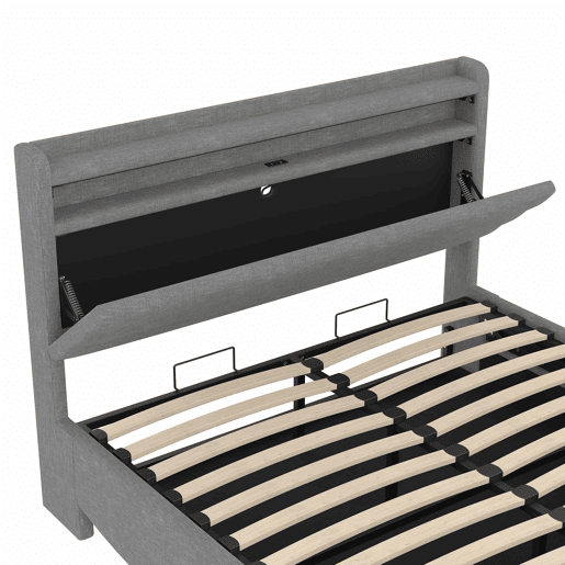 Cama estofada 140x200 cm - LED, hidráulica, USB e Tipo-C, arrumação, linho - Cinza
