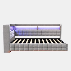 Sofá-cama multifuncional 90x200 - Armazenamento hidráulico, LED, USB, prateleira de madeira - Cinza claro