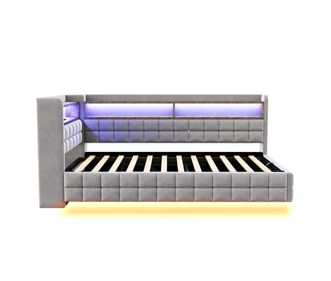 Sofá cama multifuncional 90x200 - almacenaje hidráulico, led, usb, estante madera - gris claro