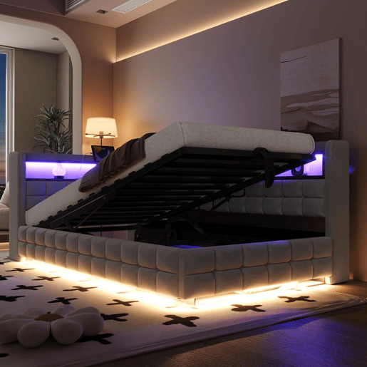 Sofá-cama multifuncional 90x200 - Armazenamento hidráulico, LED, USB, prateleira de madeira - Cinza claro