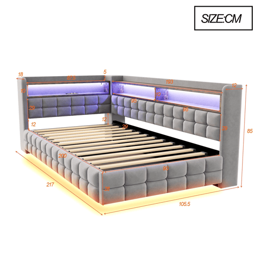 Sofá-cama multifuncional 90x200 - Armazenamento hidráulico, LED, USB, prateleira de madeira - Cinza claro