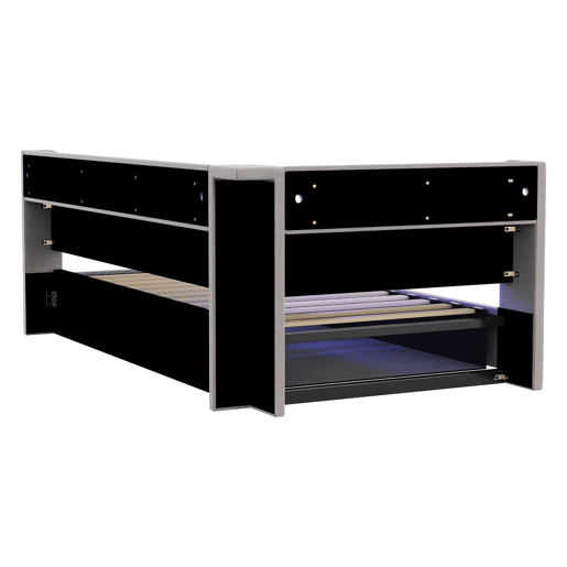 Sofá-cama multifuncional 90x200 - Armazenamento hidráulico, LED, USB, prateleira de madeira - Cinza claro
