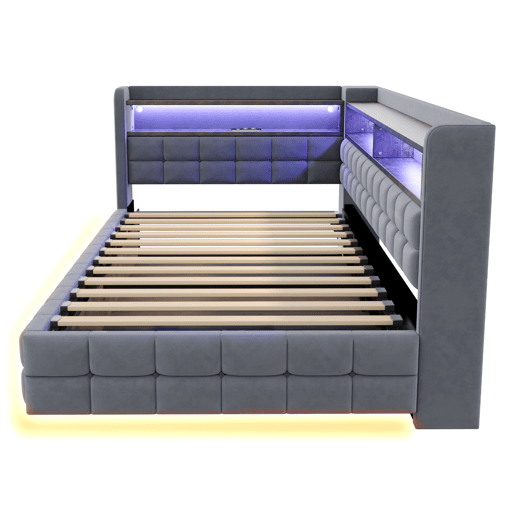 Sofá-cama multifuncional 90x200 - Armazenamento hidráulico, LED, USB, prateleira de madeira - Cinza claro
