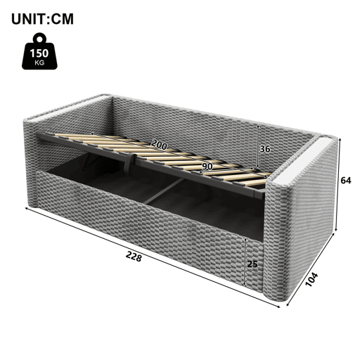Sofá-cama 90x200 cm - Com iluminação LED, mecanismo hidráulico de arrumação, sem colchão - Cinza