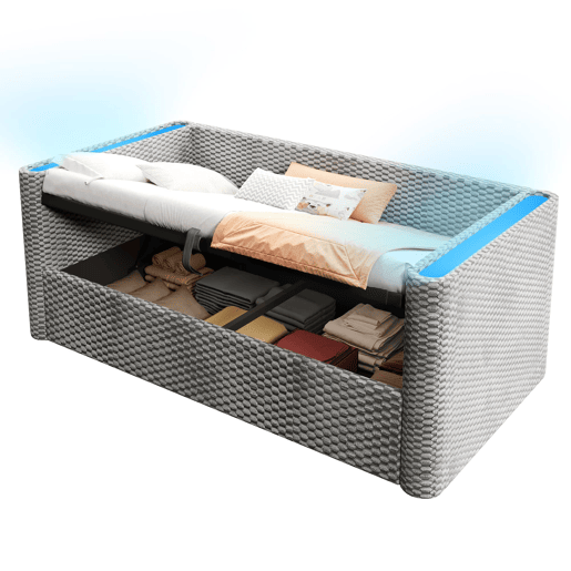 Sofá-cama 90x200 cm - Com iluminação LED, mecanismo hidráulico de arrumação, sem colchão - Cinza