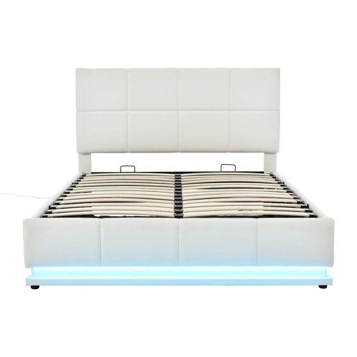 Cama estofada 140x200 cm - LED, armazenamento hidráulico, cama de casal, branca