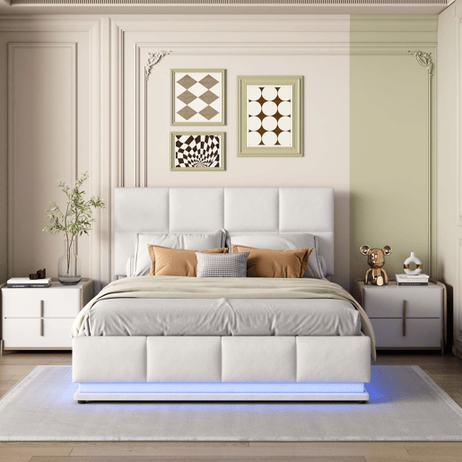 Cama estofada 140x200 cm - LED, armazenamento hidráulico, cama de casal, branca