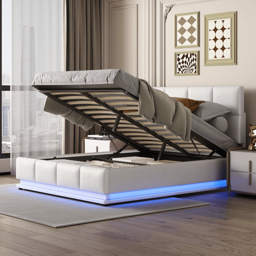 Cama estofada 140x200 cm - LED, armazenamento hidráulico, cama de casal, branca