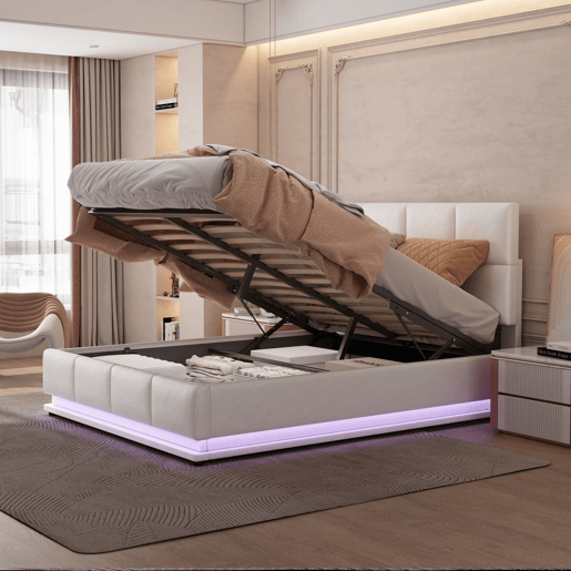Cama estofada 140x200 cm - LED, armazenamento hidráulico, cama de casal, branca