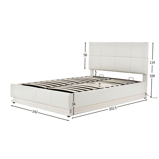 Cama estofada 140x200 cm - LED, armazenamento hidráulico, cama de casal, branca