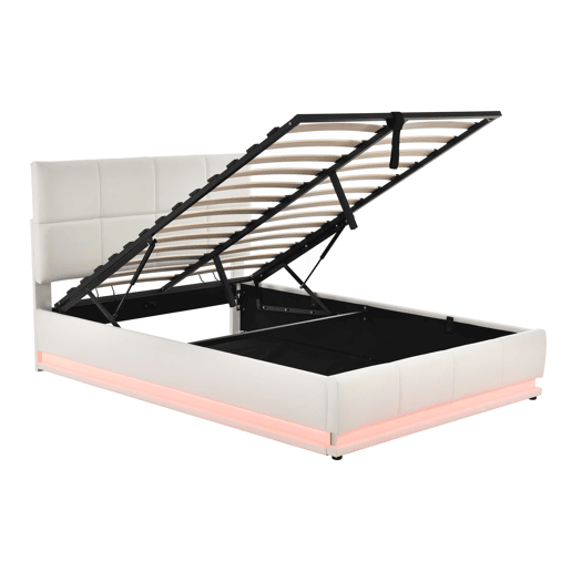 Cama estofada 140x200 cm - LED, armazenamento hidráulico, cama de casal, branca